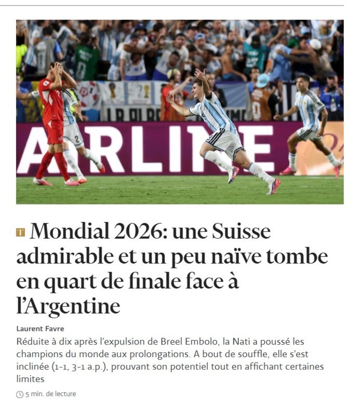 Julián Álvarez festeja el golazo que destrabó el partido entre Argentina y Suiza. Captura Le Temps