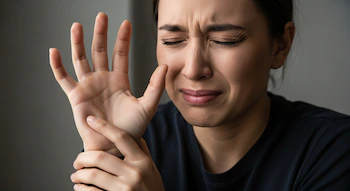 Mujer sostiene su mano con expresión de dolor, sin lágrimas, en primer plano