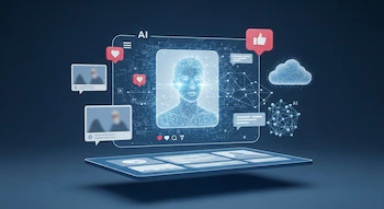Una pantalla flotante muestra un perfil de red social con una imagen de usuario hecha de partículas de datos, rodeada de iconos de