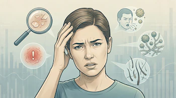 Una persona se toca la cabeza con expresión de malestar, rodeada de iconos que representan descamación de la piel, una señal de advertencia, estornudos, hongos y cabello cayendo.