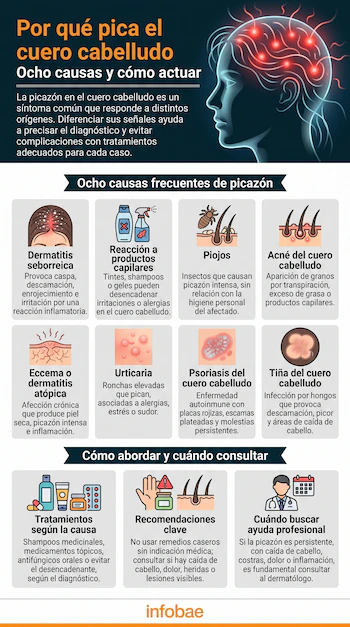 Infografía sobre picazón en el cuero cabelludo. Muestra ocho causas con iconos y texto, y tres paneles con iconos y texto sobre tratamientos y consejos.