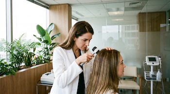 Mujer médica examina el cuero cabelludo de una mujer paciente con un dermatoscopio en un consultorio con ventanales, plantas y equipo médico.