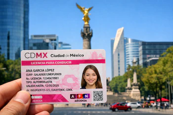 Una mano sostiene una licencia de conducir de la Ciudad de México en primer plano, con el monumento del Ángel de la Independencia y edificios modernos al fondo bajo un cielo azul.