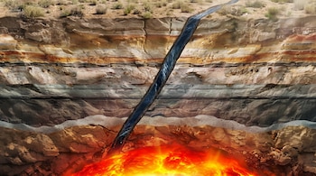 Ilustración 3D de un corte transversal de la corteza terrestre, mostrando capas de roca, vegetación, una falla con óxido de grafeno y magma incandescente.