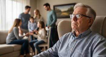 Primer plano de un hombre anciano de cabello gris y gafas sentado en un sillón, con expresión seria. Al fondo, desenfocada, una familia conversa.