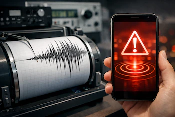 Un sismógrafo blanco y negro registra ondas sísmicas junto a una mano sosteniendo un smartphone negro que muestra una alerta roja con un signo de exclamación.