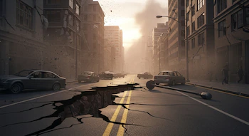 Vista de una calle urbana con una gran grieta en el centro, coches dañados, edificios colapsando y polvo en el aire, indicando un terremoto.