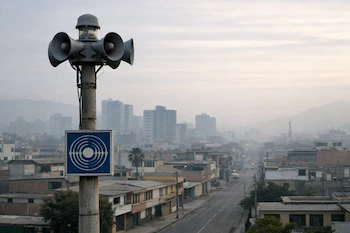 Poste de metal con sirena de alarma sísmica y placa azul con logo del IGP en una calle urbana. Edificios, casas y montañas cubiertas por neblina al fondo.