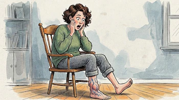 Ilustración de una mujer sentada en una silla de madera, mirando su tobillo izquierdo hinchado y con venas varicosas. Su rostro muestra sorpresa