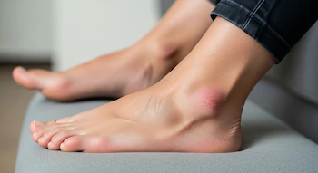 Vista cercana de los pies y parte inferior de las piernas de una persona; se observa un tobillo con una notable hinchazón y enrojecimiento.