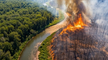 Vista aérea de un incendio forestal. Un bosque en llamas y humo denso se ven en la orilla derecha de un río serpenteante. La orilla izquierda está cubierta de bosque verde.
