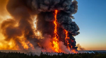 Incendio forestal extremo elevando vapor