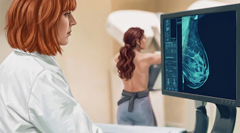 Una médica con bata blanca mira una mamografía en un monitor mientras una paciente de espaldas se apoya en un mamógrafo.